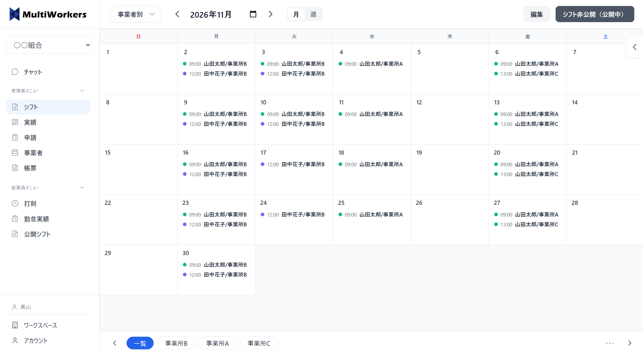 MultiWorkers のシフト画面。月間カレンダーに従業員と事業所ごとのシフトが表示されている